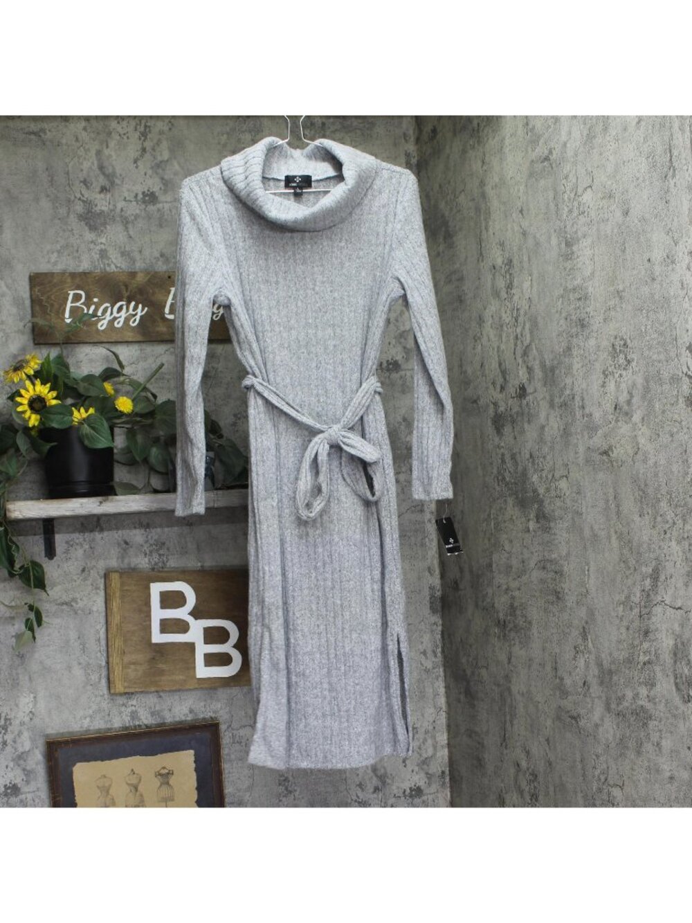 NWT Ronni Nicole Sleeve Turtleneck Belted Rib Knit Midi Sweater Dress Gray L
